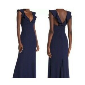 NWT Nordstrom Ruffled Sultry Plunge V-Neck Crepe Gown Navy Blue Formal Wedding